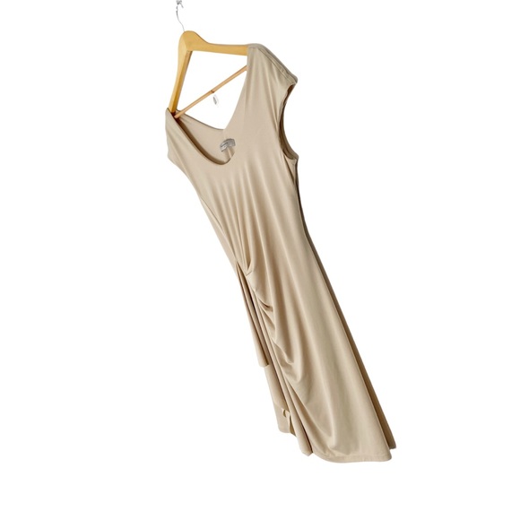 Brian Bailey Jersey Side Ruched Dress in Khaki Beige Size L - Picture 2 of 5